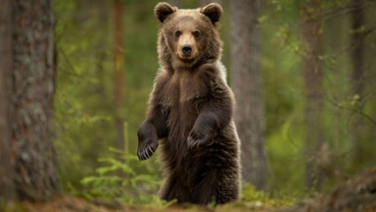 Fototapeta premium Adorable Baby Bear Standing Beside Protective Adult in Serene Forest – Photorealistic Wildlife Scene