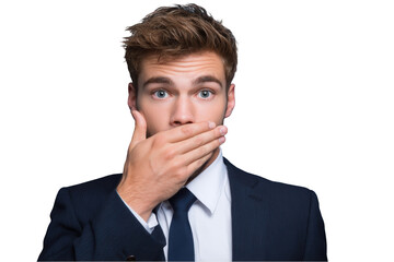 Surprised businessman covering mouth isolated on transparent background looking shocked