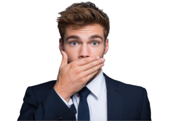 Surprised businessman covering mouth isolated on transparent background looking shocked