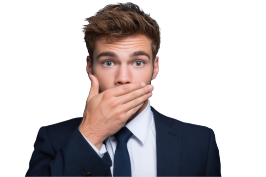 Surprised businessman covering mouth isolated on transparent background looking shocked