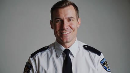 Confident police officer posing in crisp uniform, displaying professional stance during studio portrait with neutral gray backdrop. Concept male profession