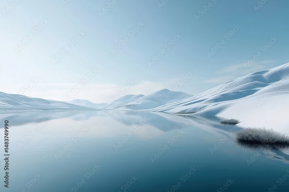 Poster 雪に覆われた山々と氷のような青い湖が広がる冬の風景 静けさと寒さが伝わる静かなシーン