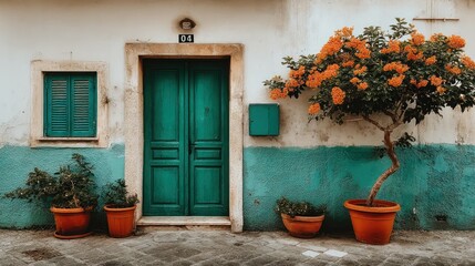 Building facade with green door window and plants in pots.