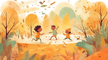 Kids playing in a colorful autumn park.