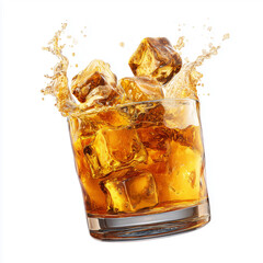 Whiskey on the rocks mid-air, ice cubes breaking surface, amber glow