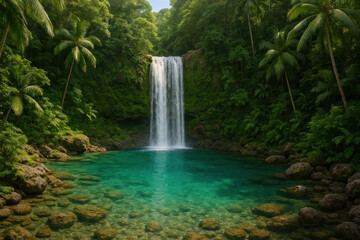 Clear blue water cascades down lush jungle rocks in a pristine waterfall scene.