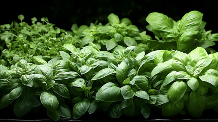 Vibrant green basil plants illuminated indoor herb garden