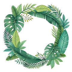 “Wreath composed of tropical leaves like monstera, palm, banana, and fern, fresh green tones, vibrant and summery feel, ideal for spa, travel or summer party invitations”

