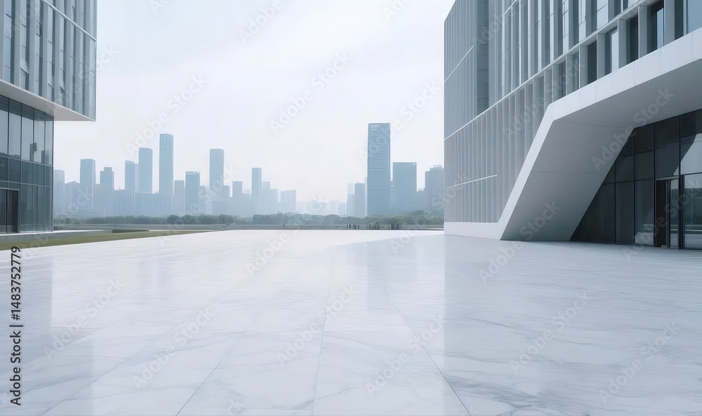 Poster 白大理石広場と現代的な高層ビル群が地平線を背景に広がる 中国の都市景観 美しい幾何学的デザインとミニマルなスタイルで表現