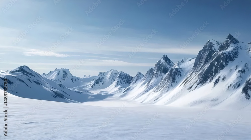 Poster 雪を頂いた山々のパノラマ風景 広大な雪原と澄んだ青空 冬の自然美を表す風景