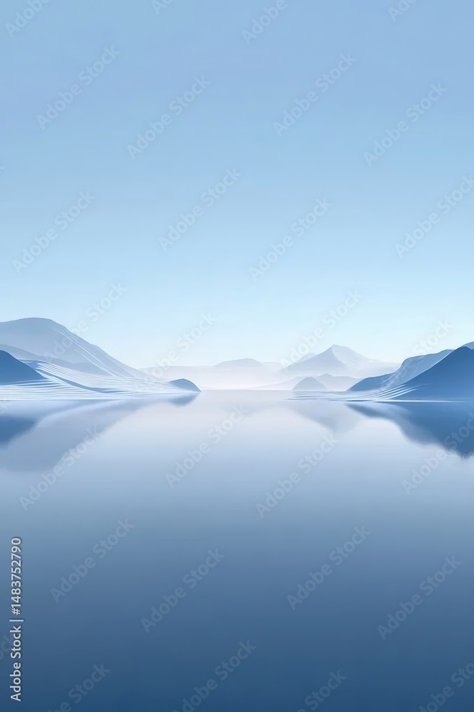 Poster 穏やかな水と薄青色の空に映る山々のミニマルな風景 水彩スタイルのデジタルアート