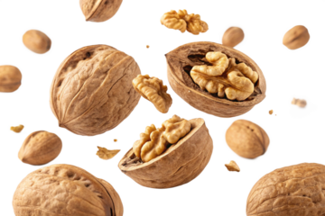 Falling walnuts on high fidelity food studio environment close-up view. Isolated on a transparent background - generated by ai