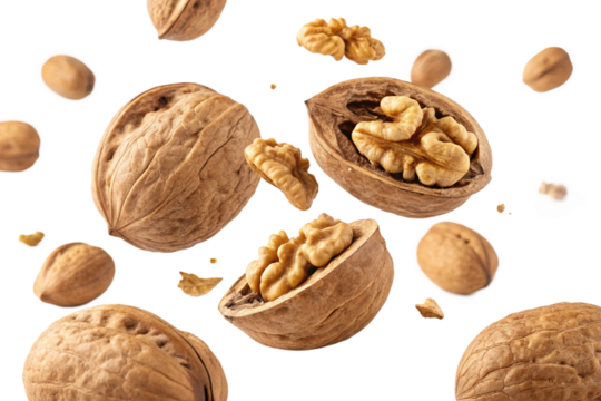 Falling walnuts on high fidelity food studio environment close-up view. Isolated on a transparent background - generated by ai