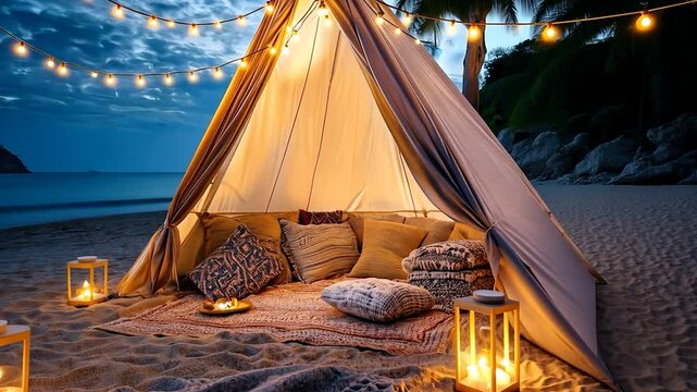 Beach tent at twilight, cozy and lit.