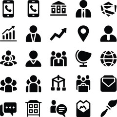 Business and Finance Glyph Icon Set vector illustration Collection of black silhouette icons representing people, technology, graf, group, team, man, mobile, 