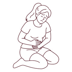 Minimalist black and white line art illustration of young woman sitting and holding stomach in pain suffering from menstrual cramps, digestive problems, endometriosis, or abdominal health disorder