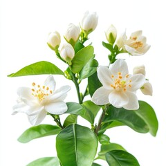 Obraz premium Blooming white flowers and buds of an orange tree isolated on white