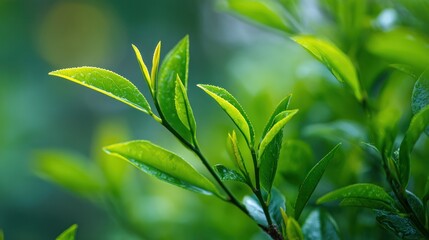Close-up of green tea leaves on a branch with blurred background.