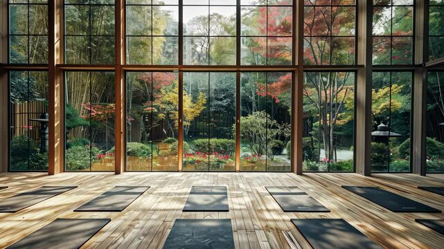 A large room with a view of a garden. The room is empty and has a lot of windows