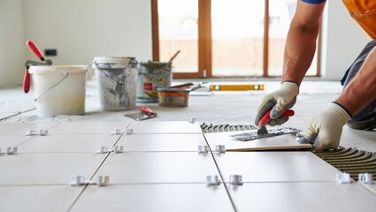 Skilled Worker Installing Ceramic Floor Tiles in Bright Modern Interior – Precision Tiling Process with Tools and Natural Light