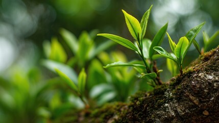 New green leaves sprout from a mossy branch blurred background.