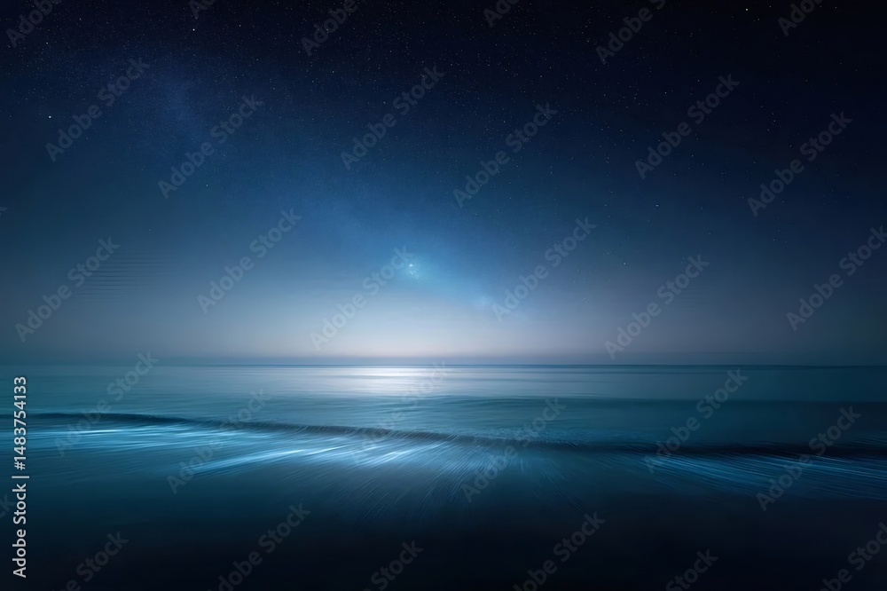 Poster 星空の海岸線 深い青色の海と輝く星々が織りなす静かな夜の風景