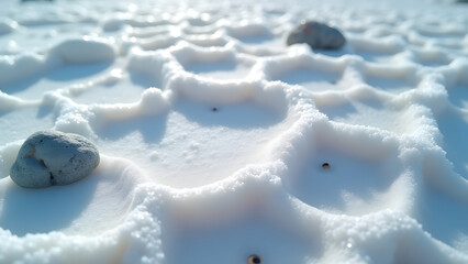 Obraz premium Salt flat texture with gray stones, geometric salt crystals, extreme environment detail.