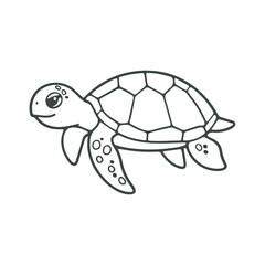 a cartoon style sea turtle, black and white line art, minimalist design, cute, simple, vector illustration
