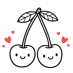 Two cute cherries with smiling faces and small red hearts floating around them in a simple illustration