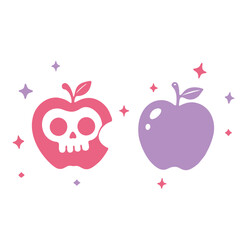 Two apples one with a skull design and a bite taken out of it and the other is a purple apple