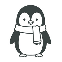 A cartoon penguin with a scarf around its neck stands against a white background in a simple illustration