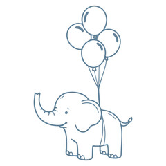 elephant,cute,floating,balloons,whimsical,cartoon,line art style,simple,minimal,black and white
