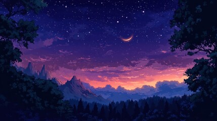 Naklejka premium Nightfall Serenity: A Majestic Mountain Vista Under a Crescent Moon and Starlit Sky