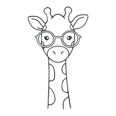 Illustration of a giraffe wearing glasses with a long neck and spots in a simple line drawing