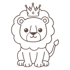 Illustration of a cute cartoon lion with a fluffy mane and a crown sitting upright posing nicely