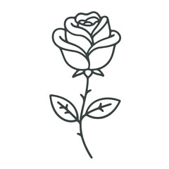 Simple line art illustration of a rose with detailed petals stem and leaves on a white background