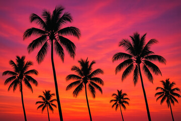 Sunset silhouettes palm trees.