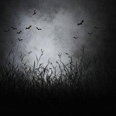 Silhouetted Grass and Bats Under a Dark Cloudy Sky