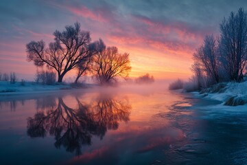 Pink and Orange Winter Sunrise Over a Misty River