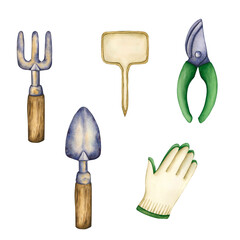 Set of gardening tools isolated. Watercolor hand drawn illustrations of garden shovel and rake. Pruning shears for cutting plants, seedling sign and garden work gloves, harvesting and houseplant