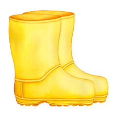 Pair of rubber yellow boots. Watercolor hand drawn illustration of autumn footwear. Boots isolated on white background. Template for creative autumn design. PNG
