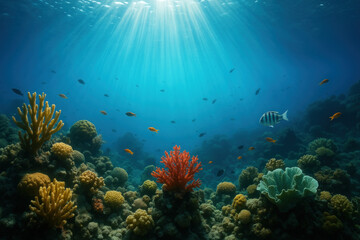 Fototapeta na wymiar Colorful fish swim in a sunlit coral reef.