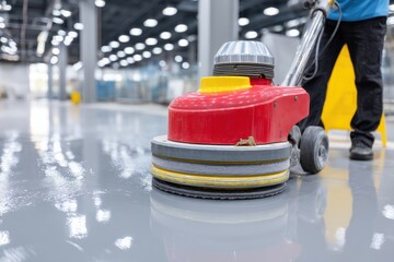 Fototapeta premium A high angle view of a floor care machine being used to polish and clean a shiny industrial floor, with a person operating the machine in the background, close up