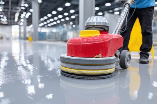A high angle view of a floor care machine being used to polish and clean a shiny industrial floor, with a person operating the machine in the background, close up