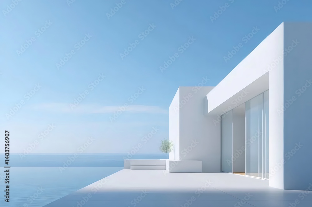 Poster 青い空と海の背景を持つ白いミニマルな家の外観 穏やかな雰囲気 現代的な建築デザイン 休暇の旅行先