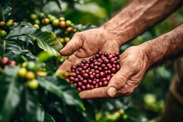 Farmer hands harvesting red coffee beans on plantation