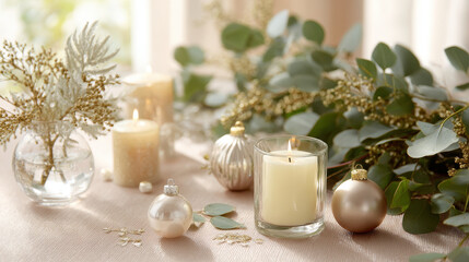 beautifully arranged light table adorned with elegant christmas decorations featuring shimmering ornaments delicate