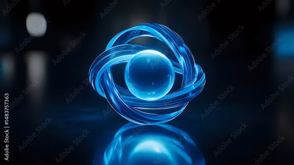 Poster 青い光沢のある球体と幾何学的なリングを備えた抽象的な未来的なデザインの3dレンダリングと照明効果