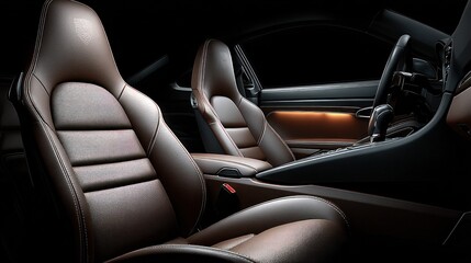 Car interior view featuring leather seats and dashboard details in a dark setting.