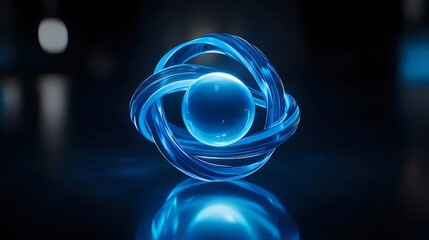青い光沢のある球体と幾何学的なリングを備えた抽象的な未来的なデザインの3Dレンダリングと照明効果